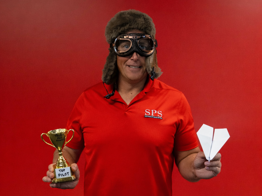 First Prize winner of the paper airplane contest wearing flight goggles and holding a tiny trophy